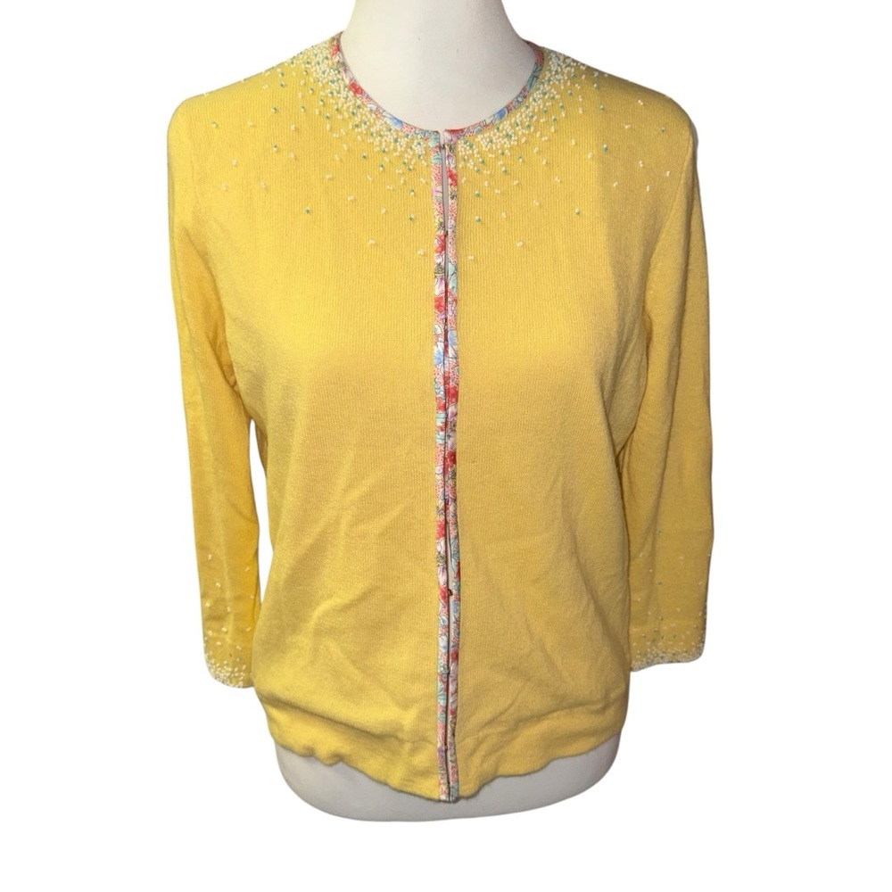 J Crew Vintage Canary Yellow Wool Blend Silk Lined Beaded Cardigan Sweater Large